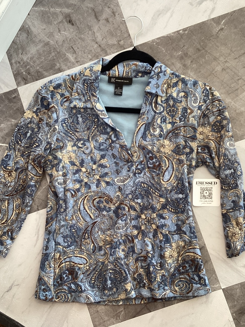 INC International Concepts Blue Paisley Long Sleeve Tee